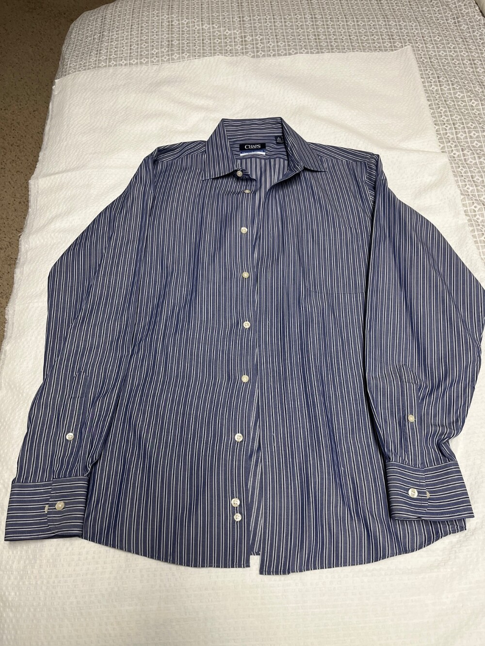 Chaps Men's Long Sleeve Dress Shirt 16-34/35 Blue Stripe Wrinkle Free
